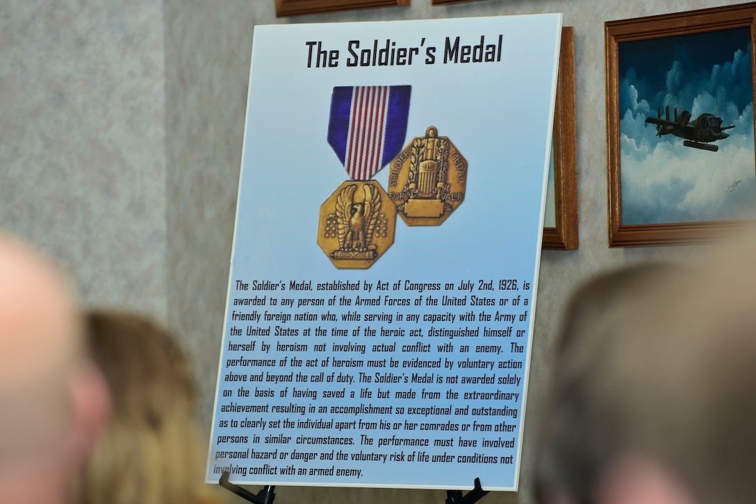 U.S. Army 1st Sgt. William Howard, Hotel Company, 1st Battalion, 222nd Aviation Regiment, 128th Aviation Brigade first sergeant, received the Soldier’s Medal during a ceremony at Fort Eustis, Va., April 3, 2015. The Soldier’s Medal is awarded to any member of the Armed Forces who distinguished himself or herself by heroism not involving direct conflict with enemy forces while serving in any capacity with the Army. (U.S. Air Force Photo by Senior Airman Kimberly Nagle/Released)