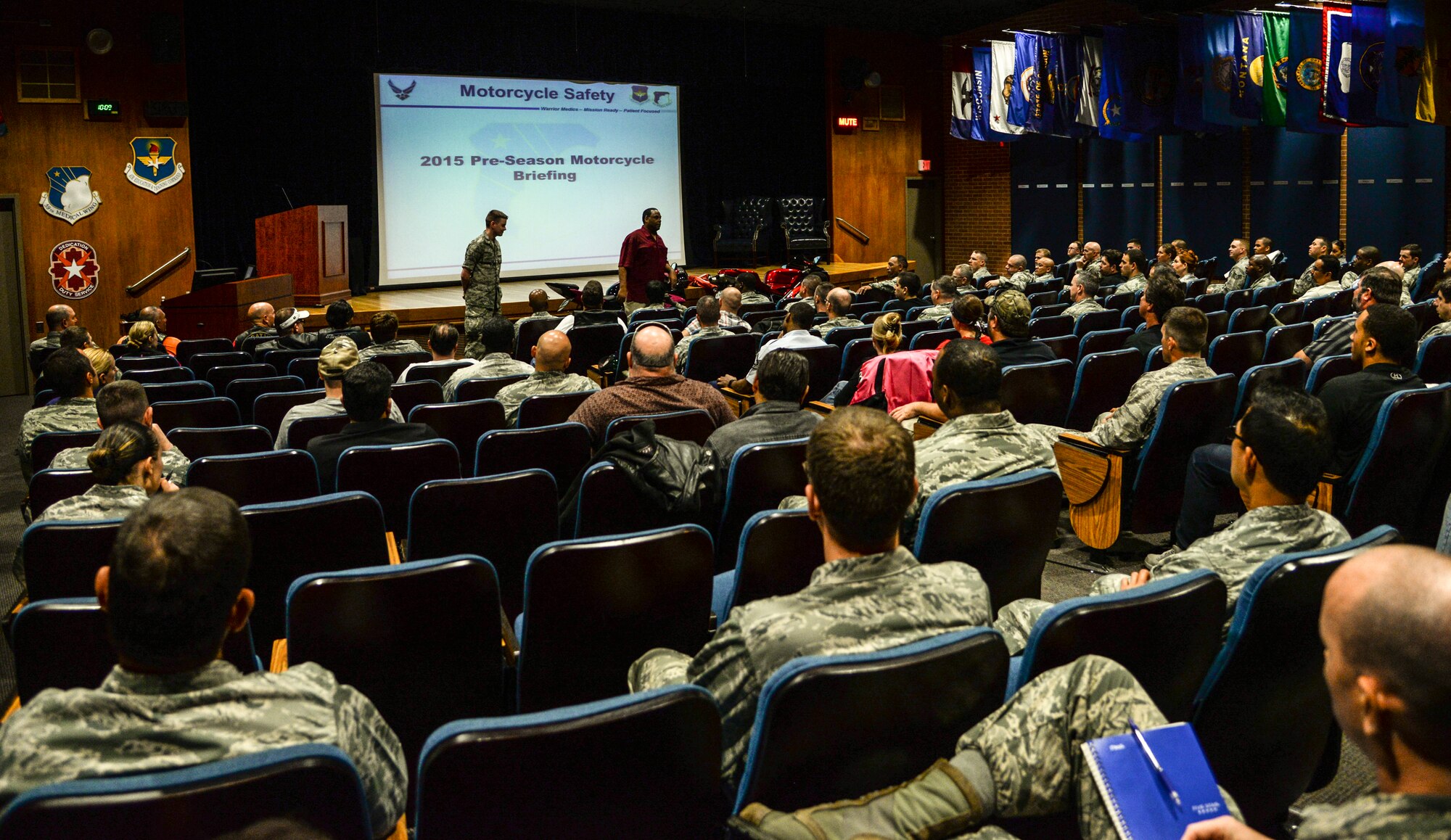 Motorcycle riders from around Joint Base San Antonio attend the annual JBSA motorcycle safety brief at Wilford Hall Ambulatory Surgical Center, JBSA-Lackland, Texas, March 30, 2015. Senior leaders and representatives from the safety office shared their personal experiences and gave practical advice on how to remain safe and vigilant while riding in the seventh largest city in the United States. (U.S. photo by Staff Sgt. Michael Ellis/Released)