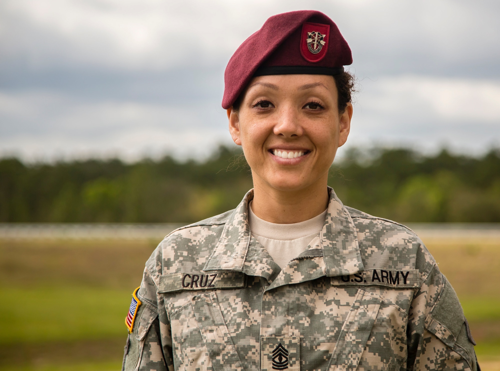 First Sgt. Sandrea Cruz leads over 150 soldiers in the 7th Special Forces Group (Airborne)’s Sustainment and Distribution Company.  Cruz is inspired by her father, a former Green Beret who served in both the 7th and 3rd Special Forces Groups.  (U.S. Army photo/Staff Sgt. Bryan Henson)