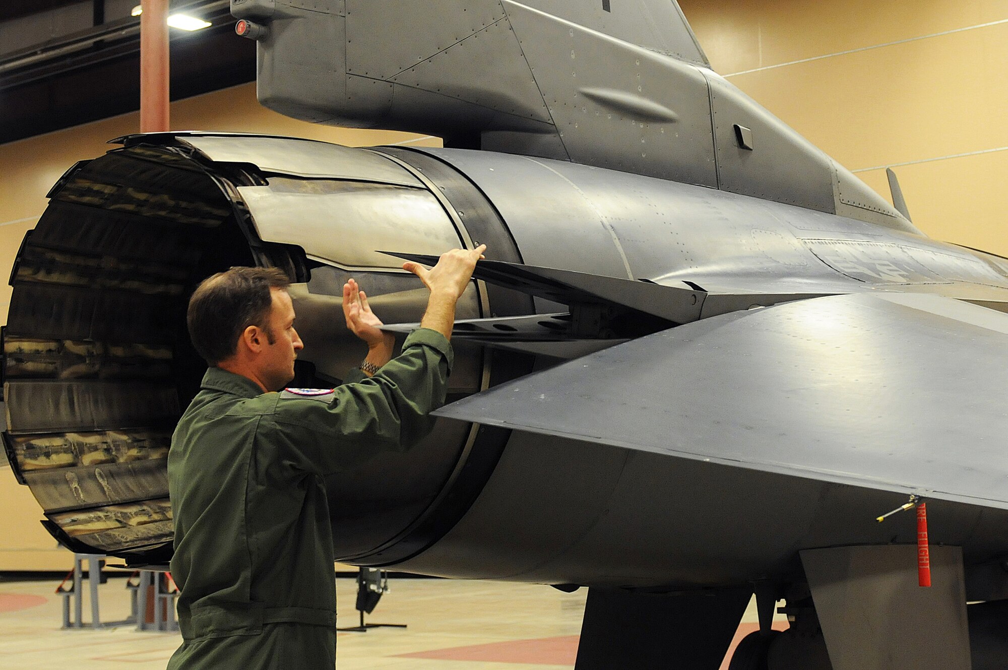 Pilot Maj. Wyck Furcron, with the 121st Fighter Squadron, preforms an operational check of the F-16 Fighter Falcon braking system on March 14. The 113th Wing’s Aerospace Control Alert Detachment reached a milestone of responding to 5,000 alert events on March 21, 2015. The alert unit was created in response to the 9/11 terrorist attacks on the United States on Sept. 11, 2001. (Air National Guard photo by Master Sgt. Becky Vanshur)