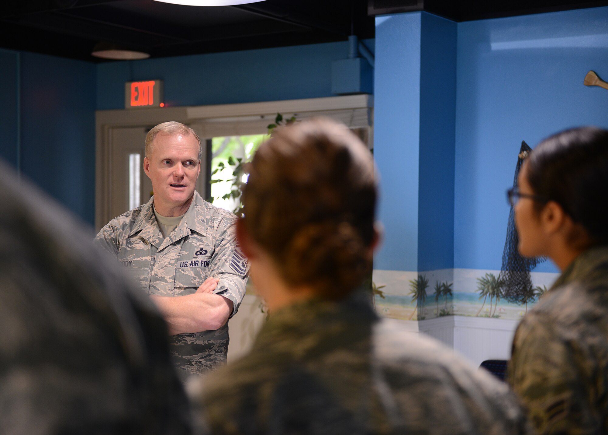 Chief Master Sgt. of the Air Force James Cody meets with the Enlisted Dorms’ Council at Laughlin Air Force Base, Texas, April 1, 2015. The Enlisted Dorm Council discussed their hopes and concerns for the dorms on base, and what they can do to try and make dorm life better. (U.S. Air Force photo by Airman 1st Class Jimmie D. Pike)