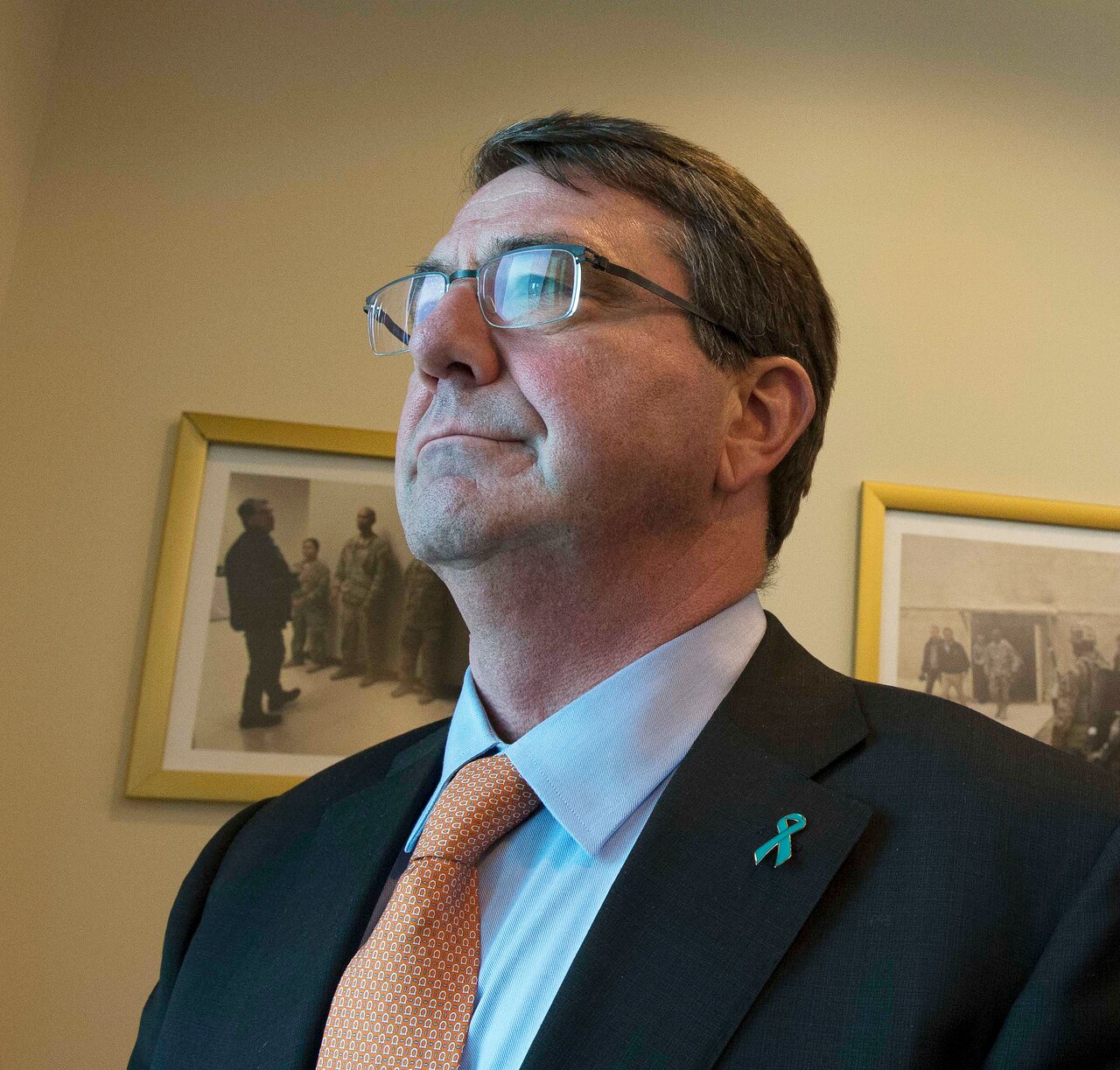 Defense Secretary Ash Carter wears the teal pin that recognizes the observance of Sexual Assault Awareness and Prevention Month, April 2, 2015. The theme for this year’s observance is "Eliminate Sexual Assault: Know Your Part. Do Your Part." DoD photo