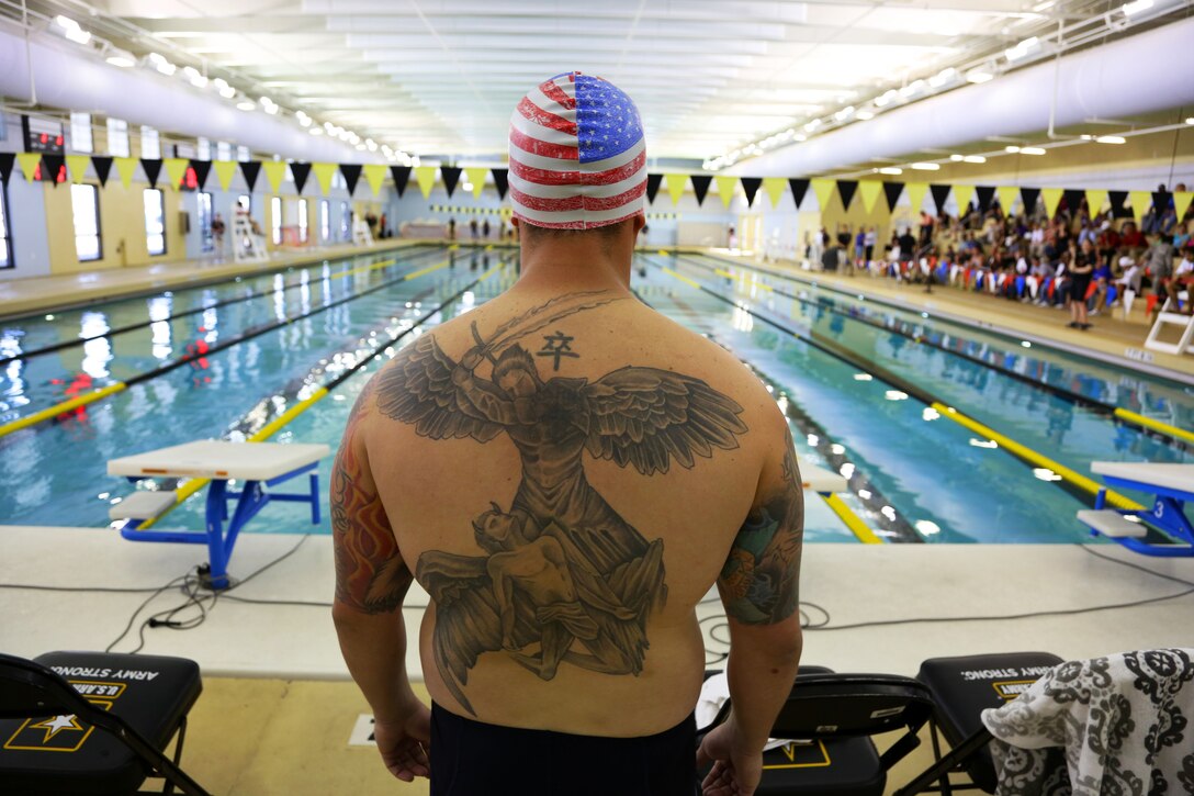 Army Staff Sgt. Joshua Palmer prepares for a race during the 2015 Army Trials swimming competition at the aquatics training center on Fort Bliss in El Paso, Texas, April 2, 2015.