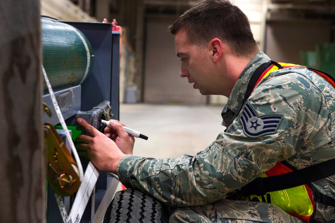 Air Force Staff Sgt. John Cunningham labels palletized cargo during Rapid Raptor training at the Joint Mobility Center on Joint Base Elmendorf-Richardson, Alaska, March 25, 2015. Cunningham is assigned to the 773rd Logistics Readiness Squadron.