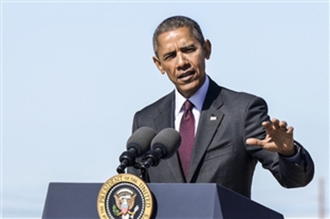 President Barack Obama speaks to military leaders, Utah elected officials and reporters on Hill Air Force Base in northern Utah, April 3, 2015, to announce Solar Ready Vets, a program that seeks to train veterans for jobs in solar energy. 