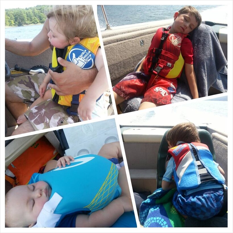Four boys asleep on boat on Lake Ouachita.