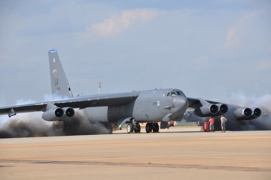 Engines start on the B-52 Stratofortress named the Phoenix, at Barksdale Air Force Base, La. The “Phoenix” is taking part in the Total Force Enterprise mission with the 2nd and 307th Bomb Wings in the command directed mission “Polar Growl”. The B-52 is capable of delivering large payloads of precision nuclear or conventional ordnance over long ranges, while also providing decision makers the ability to rapidly project military power and generate decisive effects. This is a long range exercise over the Arctic and North Sea regions. (U.S. Air Force photo by Master Sgt. Laura Siebert)