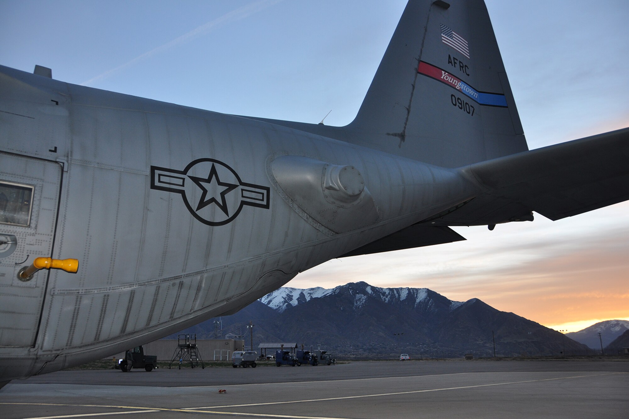 An Air Force Reserve modified C-130H Hercules tactical cargo aircraft, assigned to the 910th Airlift Wing based at Youngstown Air Reserve Station, Ohio, sits on the flightline awaiting preparations for take-off for an aerial spray sortie here, March 17, 2015. The 910th’s aircrews flew the aircraft, outfitted with a Modular Aerial Spray System (MASS), to the nearby Utah Test and Training Range UTTR) to spray herbicide, eliminating unwanted ground covering weeds which can obscure target sites and Unexploded Ordinance (UXO) on bombing ranges. The 910th Airlift Wing is home to the Department of Defense’s (DoD) only large-area fixed wing aerial spray capability and dedicated aerial spray maintenance flight.