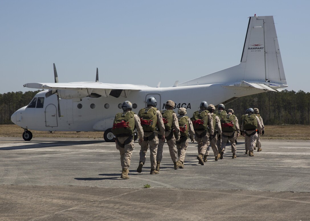 Marines with 2nd Reconnaissance Battalion, 2nd Marine Division board an aircraft just minutes before they will jump out of it at a height of 12,500 feet during monthly airborne jumps aboard Camp Lejeune, N.C., Apr. 1, 2015. Marines conducted military free-fall and double-bag static line jumps throughout the day building unit cohesion as a team. (U.S. Marine Corps photo by Lance Cpl. Olivia McDonald/Released)