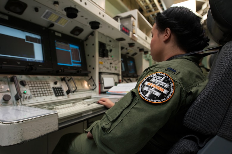 In preparation for an unarmed Minuteman III missile launch, 1st Lt. Kimberly Erskine,  the Missile Combat Crew commander from Malmstrom Air Force Base, Mont., practices procedures March 19, 2015, at Vandenberg AFB, Calif., in preparation for the launch of an unarmed Minuteman III intercontinental ballistic missile. Both F. E. Warren AFB, Wyo., and Malmstrom AFB personnel actively worked with the 30th Space Wing and the 576th Flight Test Squadron to perform two test launches in less than a week, providing a cradle-to-grave evaluation of the system, which started at the missile wings and ended more than 6,000 miles away at a test range near Guam. (U.S. Air Force photo/Michael Peterson)