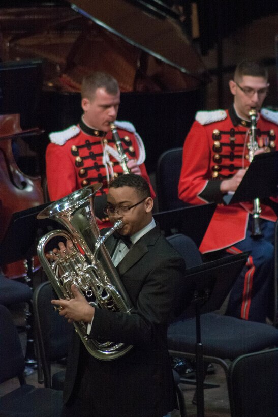 On March 22, 2015, the Marine Band performed a concert titled "New and Improved." The program featured Concerto Competition prize winner high school musician Joe Broom. (U.S. Marine Corps photo by Staff Sgt. Rachel Ghadiali/released)