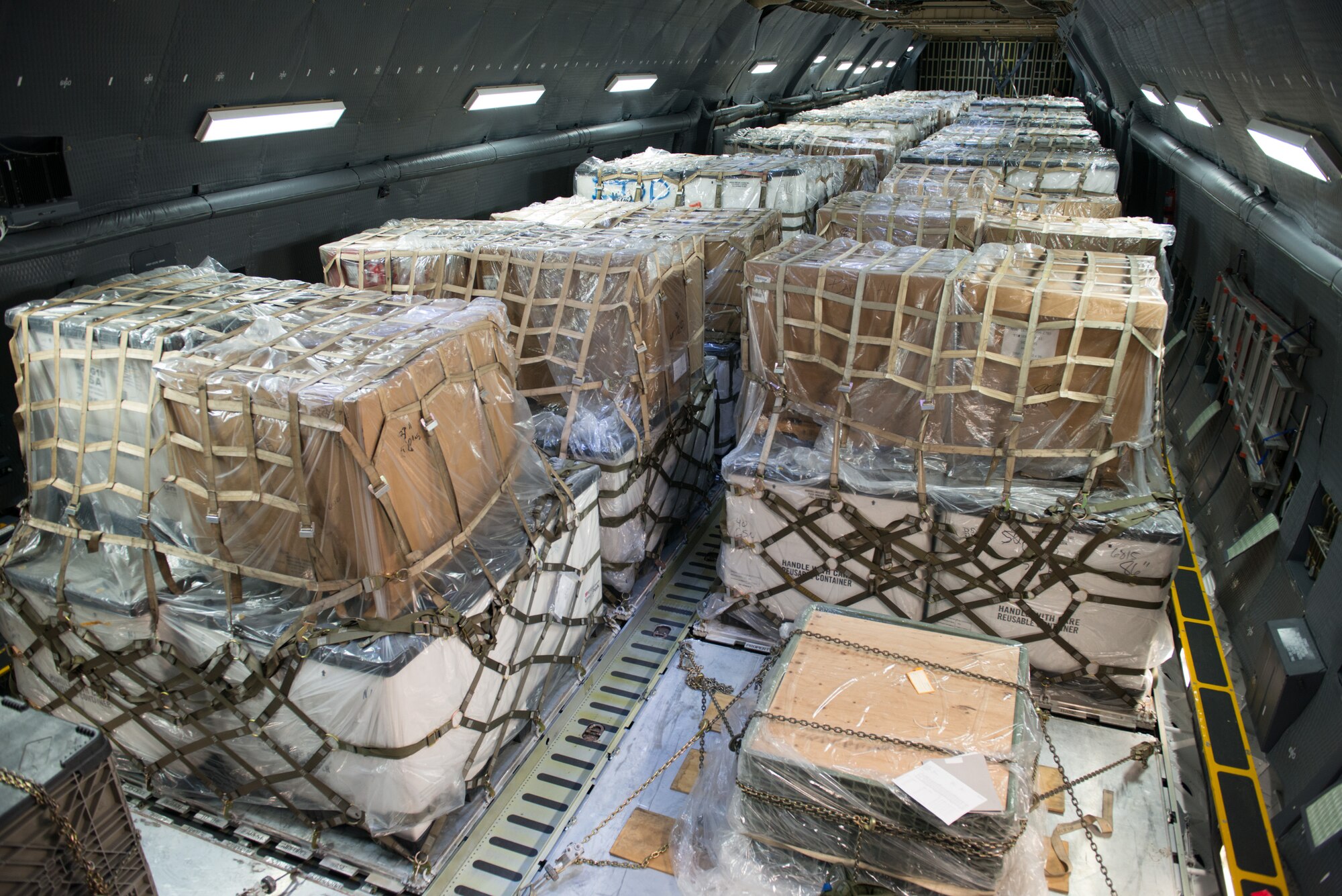 The inside of a C-5M Super Galaxy from the 22nd Airlift Squadron at Travis AFB, California, April 3, 2015, is filled with pallets making the total weight of the aircraft 731,220 pounds in attempt to break 45 world aviation records. (U.S. Air Force photo/Ken Wright)