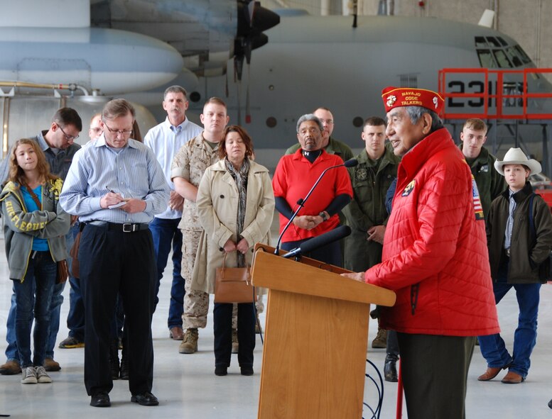 Peter MacDonald Sr., a Navajo Code Talker, speaks to a crowd Friday, March 20 at Naval Air Station Fort Worth Joint Reserve Base, Texas. During World War II more than 300 Navajo were recruited by the U.S. Marine Corp for the purposes of developing an unbreakable code, which they did so successfully. These Marines were credited with saving thousands of American lives during the war. There are currently less than 30 code talkers living. (U.S. Air Force Photo/Staff Sgt. Melissa Harvey)