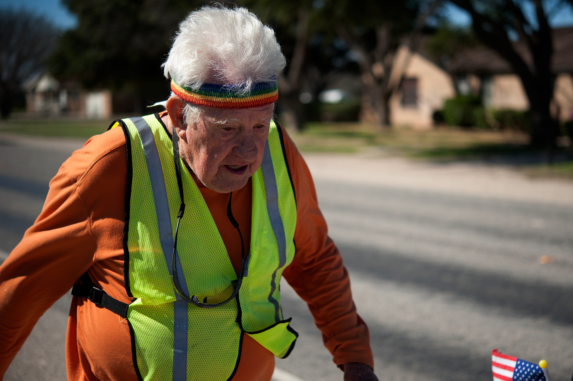STERLING CITY, Texas -- Ernie Andrus, Navy World War II veteran, runs through Sterling City March 26. Andrus drives his recreational vehicle to various cities from California to Georgia where he completes a distance run at each stop. He averages from a half to full marathon a week. (U.S. Air force photo/ Airman 1st Class Devin Boyer)