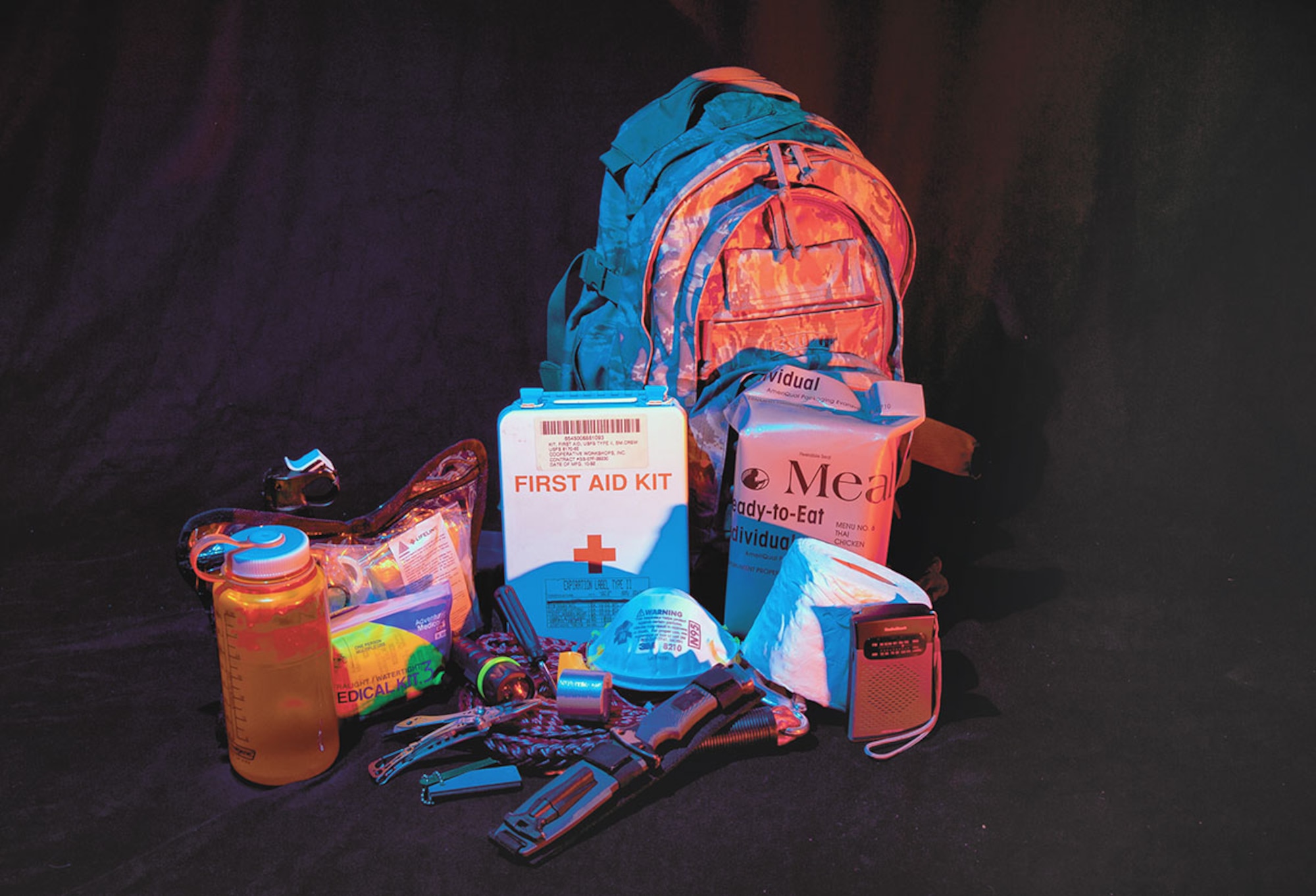 The American Red Cross recommends maintaining an emergency preparedness kit for both home and vehicle in the event of a disaster. Emergency kits are essential to preparedness. Kits should be tailored to your geographical region and contain the basic essentials to survive for three days. For detailed information, visit the American Red Cross website or www.ready.gov websites, or your local emergency management office. (U.S. Air Force photo/Tech. Sgt. Raymond Mills)