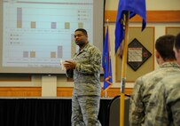 Chief Master Sgt. Phillip Easton, 341st Missile Wing command chief, talks to the Airmen at the first of four commander’s calls April 2 at the Grizzly Bend, Malmstrom Air Force Base, Mont. Easton discussed wing goals based off 20th Air Force’s strategic narrative, summer safety and the importance of remaining vigilant. (U.S. Air Force photo/Staff Sgt. Delia Marchick)