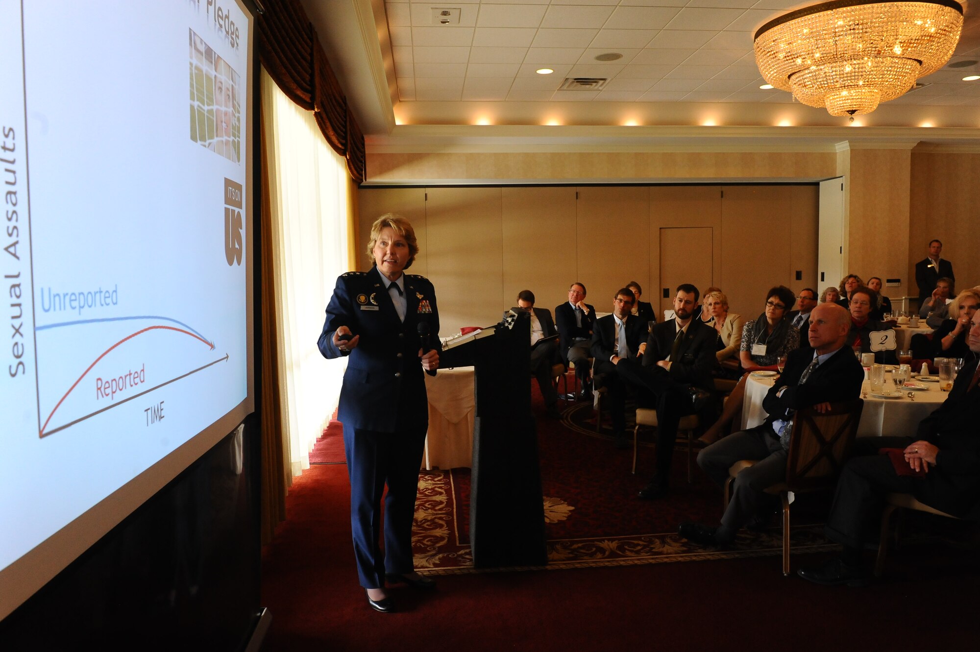 Academy Superintendent Lt. Gen. Michelle D. Johnson addresses the State of Higher Education Forum at the Colorado Springs Country Club April 3, 2015. General Johnson spoke about the national issue of sexual assault on college campuses and the steps the military academies are taking to prevent and respond to the crime. (U.S. Air Force photo/Airman 1st Class Rachel Hammes)