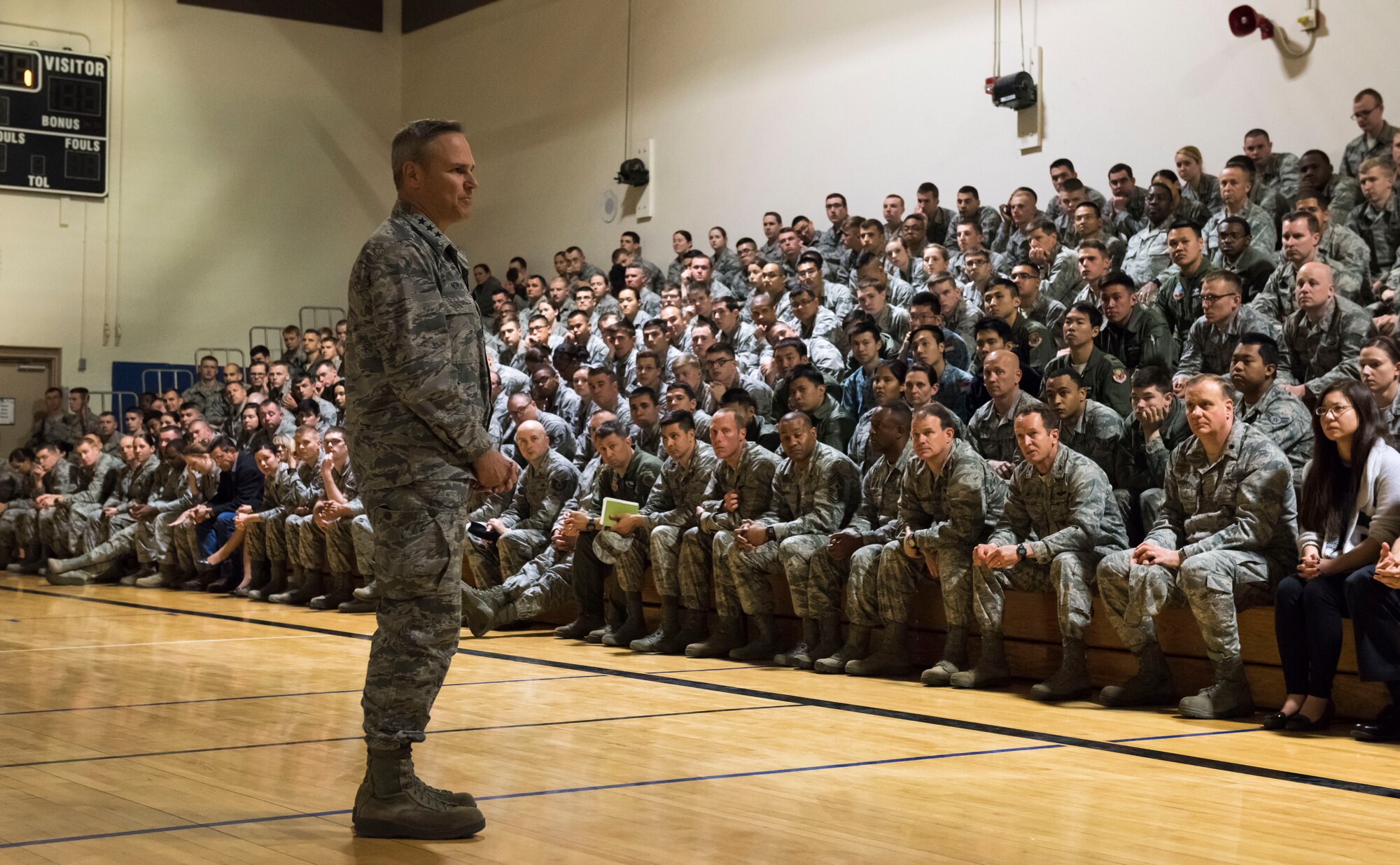 Lt. Gen. Chris Nowland, 12th Air Force (Air Forces Southern) commander, speaks to airmen during an all call at Mountain Home Air Force Base, Idaho, April 1, 2015. The all call provided airmen with advice to help every rank develop into leaders of the world’s largest air force. (U.S. Air Force photo by Airman 1st Class Jeremy L. Mosier/RELEASED)
