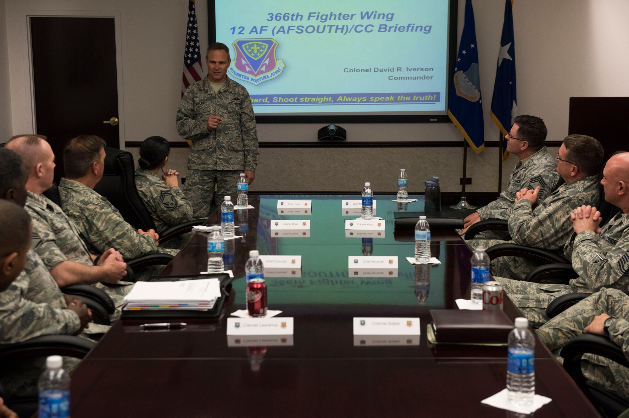 Lt. Gen. Chris Nowland, 12th Air Force (Air Forces Southern) commander, speaks to 366th Fighter Wing leadership at Mountain Home Air Force Base, Idaho, March 31, 2015. They discussed capabilities and logistics required to complete the base mission, and Nowland had a chance to meet outstanding performers from across the base. (U.S. Air Force photo by Airman Connor J. Marth/RELEASED)