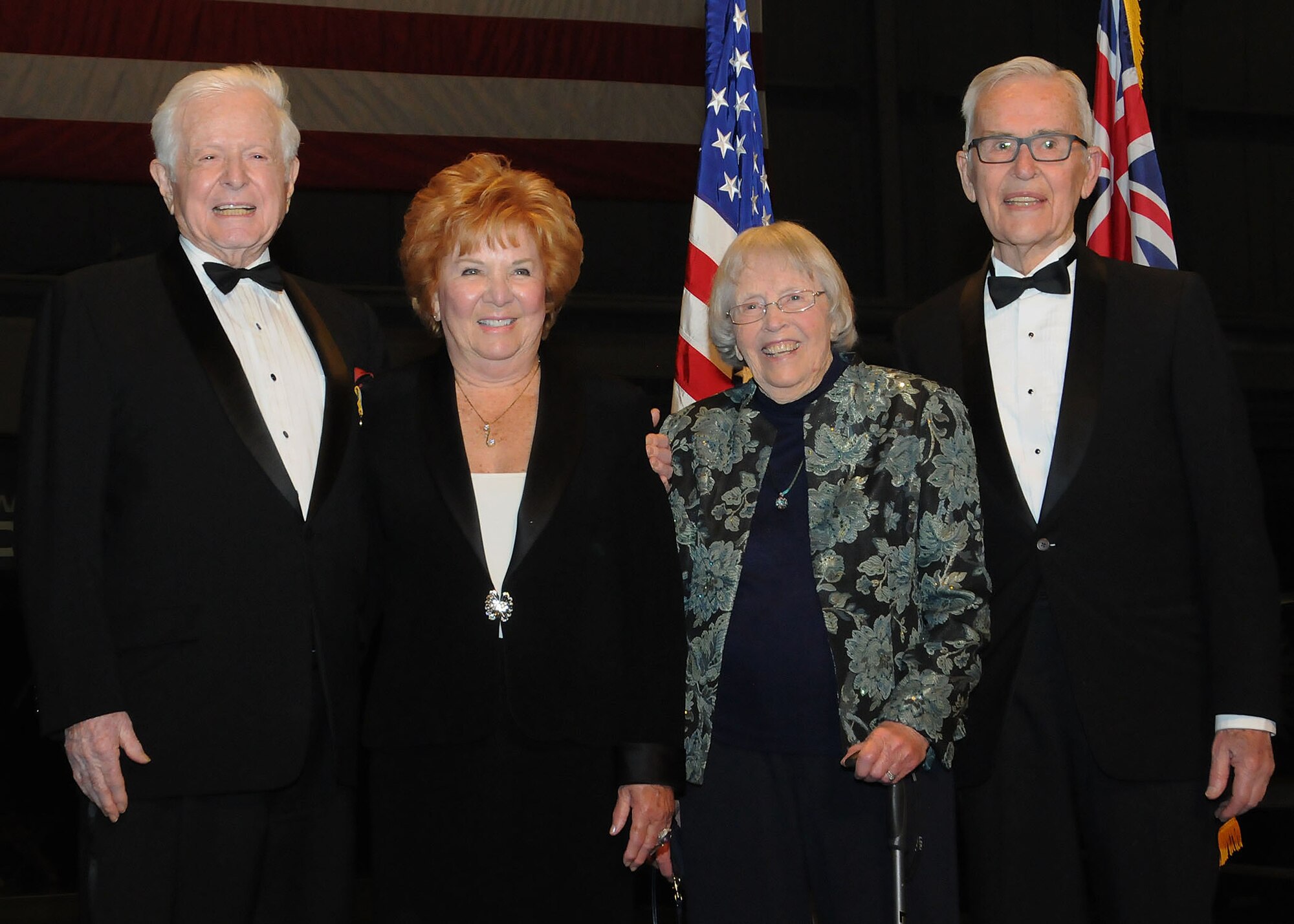 WRIGHT-PATTERSON AIR FORCE BASE, Ohio – From left to right, Victor Bilek, Marion Holzfaster, Fran Pickerel, and Roy Brown pose for a photo at the National Air and Space Intelligence Center's annual dining out Friday, March 27, 2015. Bilek and Brown both served in support of Operation Luftwaffe Secret Technology (LUSTY). (U.S. Air Force photo by Staff Sgt. Marianne E. Lane/Released)