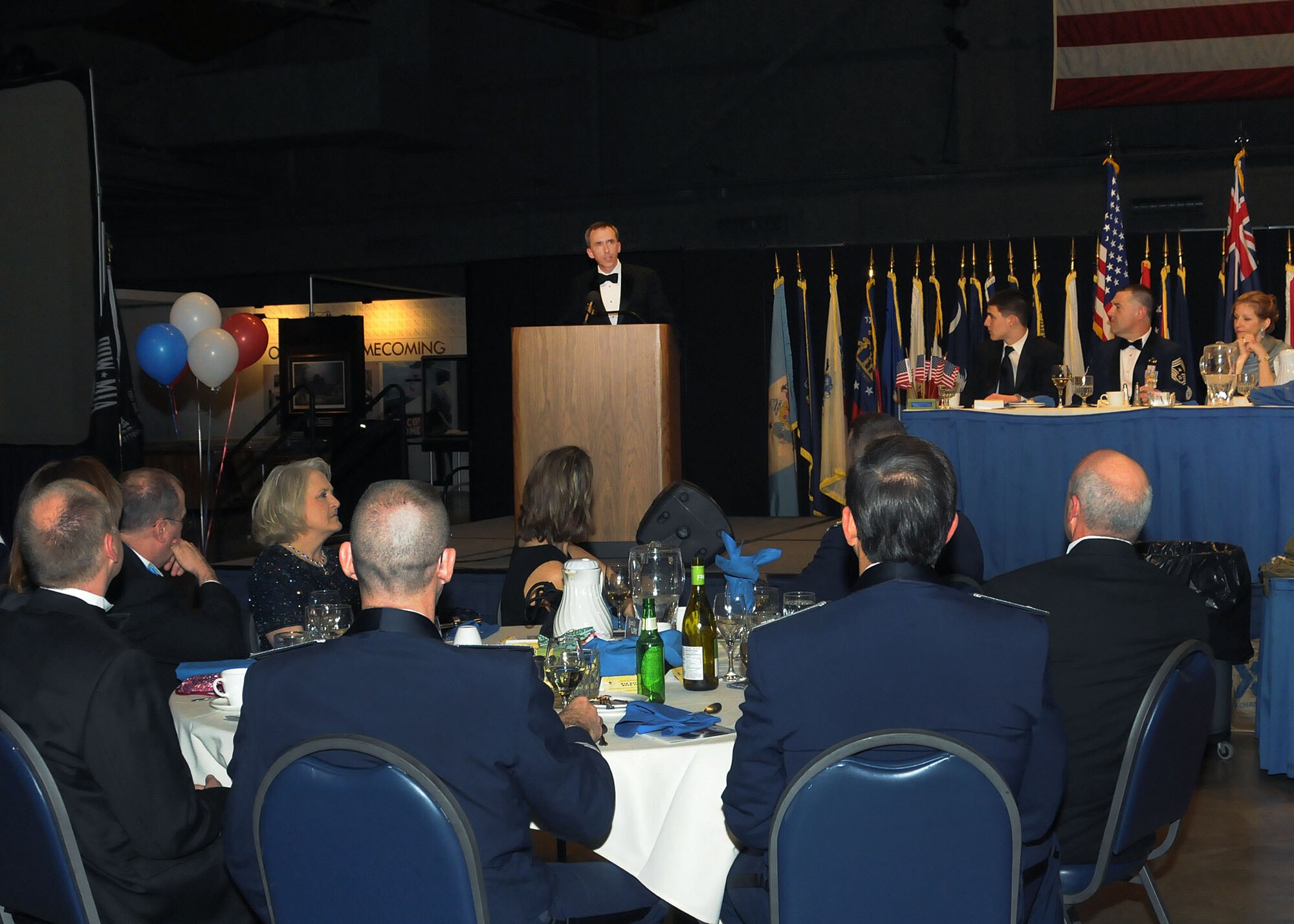 WRIGHT-PATTERSON AIR FORCE BASE, Ohio – Marcel Lettre, principal deputy undersecretary of defense for intelligence, speaks to employees of the National Air and Space Intelligence Center, during the center's annual dining out ceremony Friday, March 27, 2015. Lettre was the guest speaker for this year’s event and spoke about how grateful he was for NASIC’s support to decision-makers in Washington. (U.S. Air Force photo by Staff Sgt. Marianne E. Lane/)