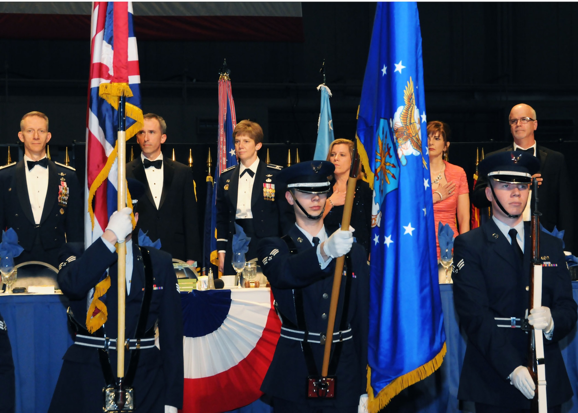 WRIGHT-PATTERSON AIR FORCE BASE, Ohio – The National Air and Space Intelligence Center’s color guard present the colors during the center's dining out ceremony at the National Museum of the Air Force Friday, March 27, 2015. The ceremony is held annually to boost morale and esprit de corps while developing friendships and better working relationships. (U.S. Air Force photo by Staff Sgt. Marianne E. Lane/Released)