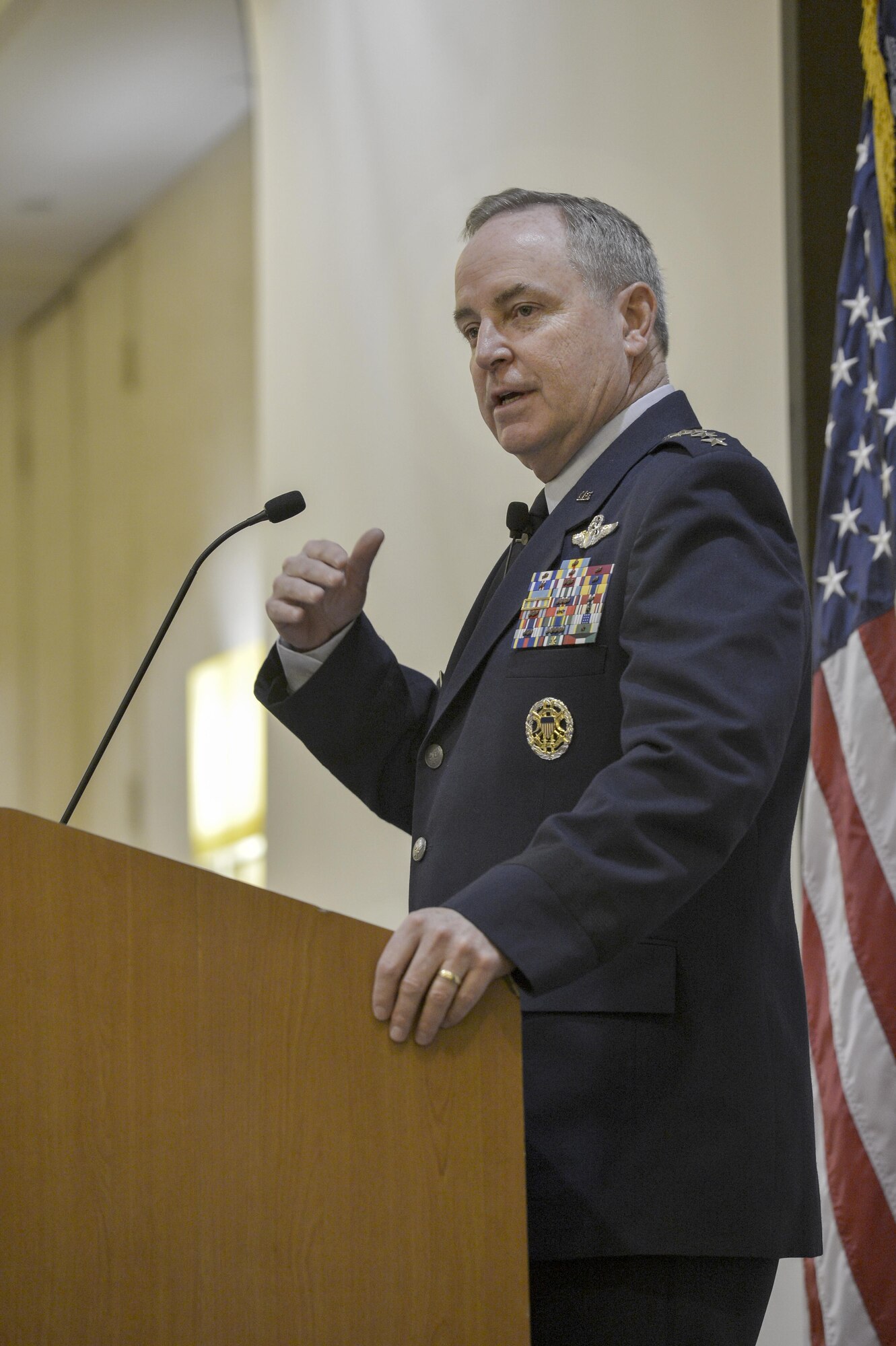 Air Force Chief of Staff Gen. Mark Welsh III addresses the audience during his speech at the Air Force Association’s monthly Breakfast Series in Arlington, Va., April 2, 2015. The Air Force Association's Breakfast Series brings together industry partners, the international attaché corps and both military and civilian leadership for informative briefings on a monthly basis for updates on relevant current initiatives. (U.S. Air Force Photo/Michael J. Pausic)