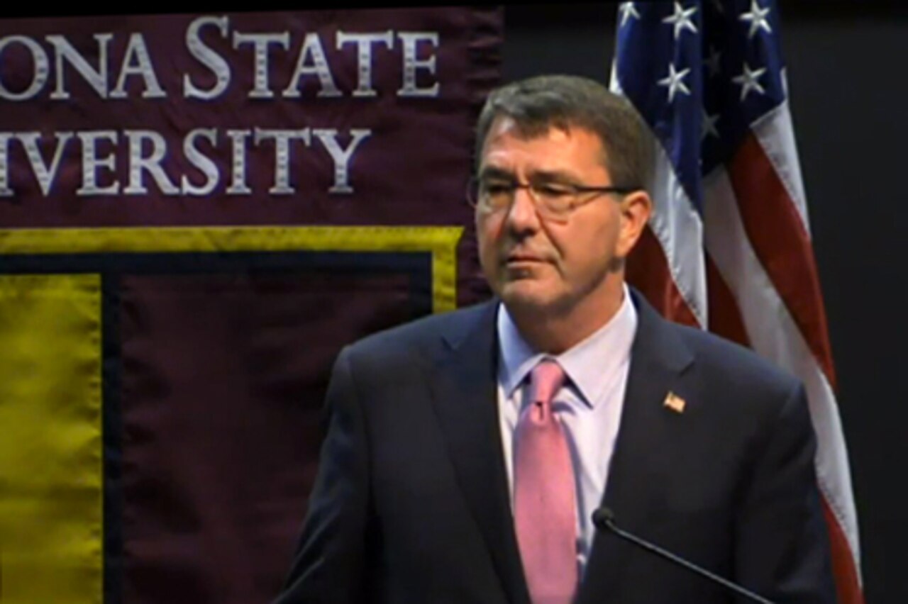 Defense Secretary Ash Carter speaks to students and faculty at Arizona State University as he launches a trip to Japan and Korea to strengthen and modernize America's alliances in Northeast Asia. DoD screen shot