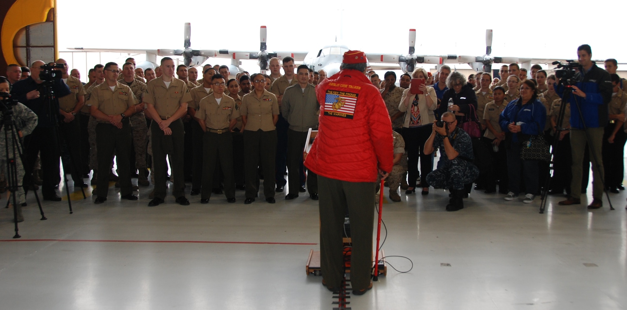 Peter MacDonald Sr., a Navajo Code Talker, speaks to a crowd March 20 at Naval Air Station Fort Worth Joint Reserve Base, Texas. During World War II more than 300 Navajo were recruited by the U.S. Marine Corp for the purposes of developing an unbreakable code, which they did so successfully. These Marines were credited with saving thousands of American lives during the war. There are currently less than 30 code talkers living. (U.S. Air Force Photo/Staff Sgt. Melissa Harvey)

