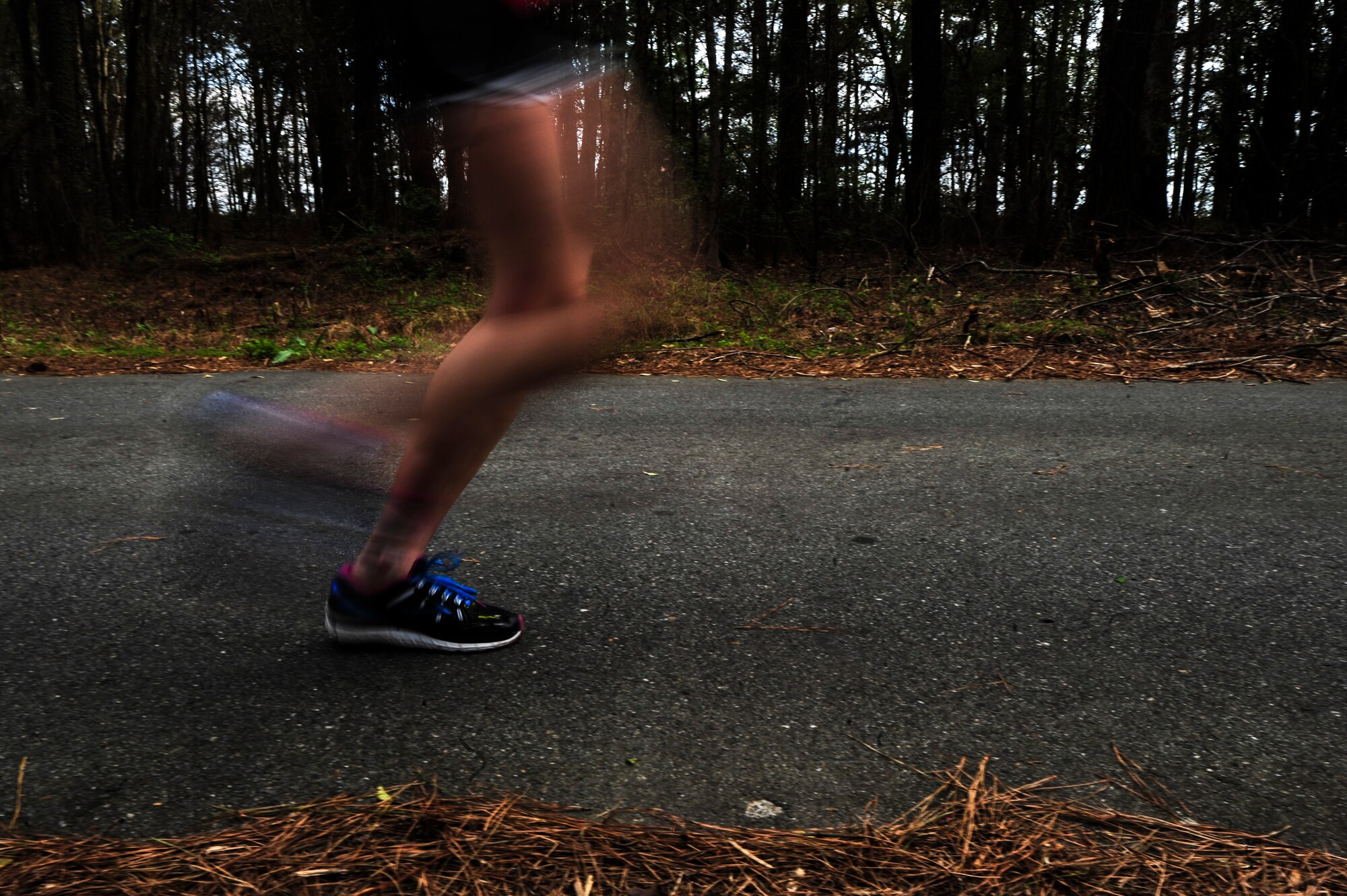 A member of Team Seymour nears the finish line during a 5K Fun Run, April 3, 2015, at Seymour Johnson Air Force Base, North Carolina. More than 100 members of Team Seymour participated in the event to benefit a fellow Airman who suffered debilitating injuries. (U.S. Air Force photo/Senior Airman Brittain Crolley)