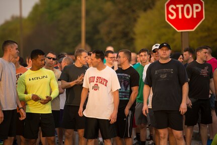 Participants of the Joint Base Charleston Sexual Assault Awareness Month 5K Walk/Run line up at the starting line April 4, 2015, JB Charleston, S.C. The month of April has been declared the official SAAM for JB Charleston with a theme of “Eliminate sexual assault: Know your part. Do your part.” Events will be held throughout the month to help promote awareness. (U.S. Air Force photo / Airman 1st  Class Taylor Queen)