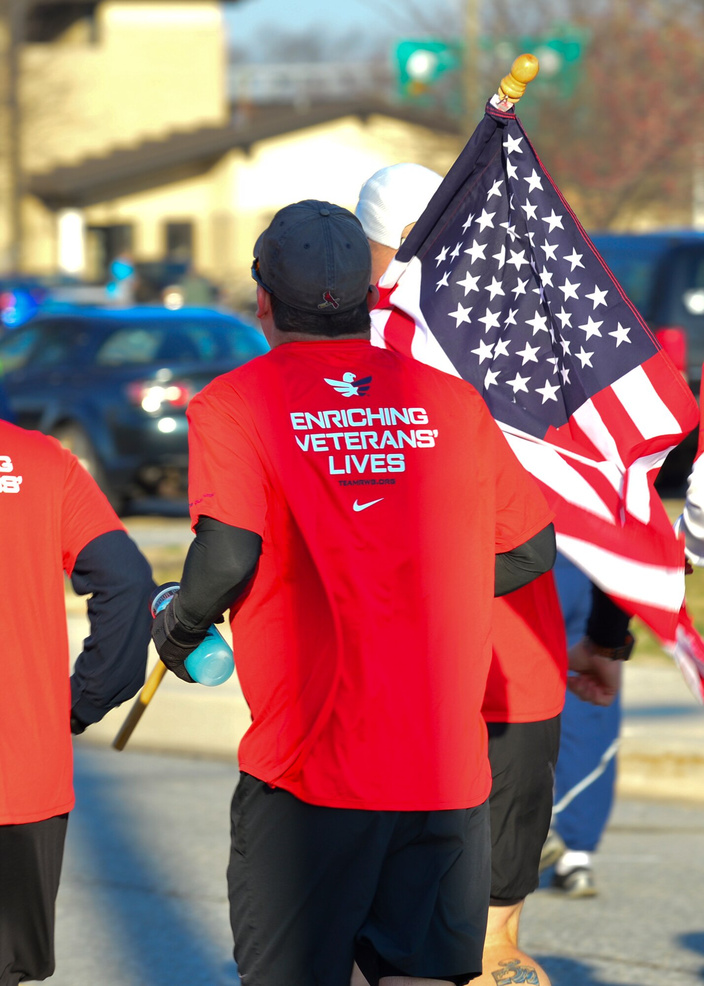 Master Sgt. Pete Unkrur, 9th Airlift Squadron flight engineer flight chief, runs in the Sexual Assault Prevention and Response 5 kilometer run/walk April 2, 2015, on Dover Air Force Base, Del. Unkrur is a member of Team Red, White and Blue whose mission is to enrich the lives of America’s veterans by connecting them to their community through physical and social activity. (U.S. Air Force photo/Airman 1st Class William Johnson)