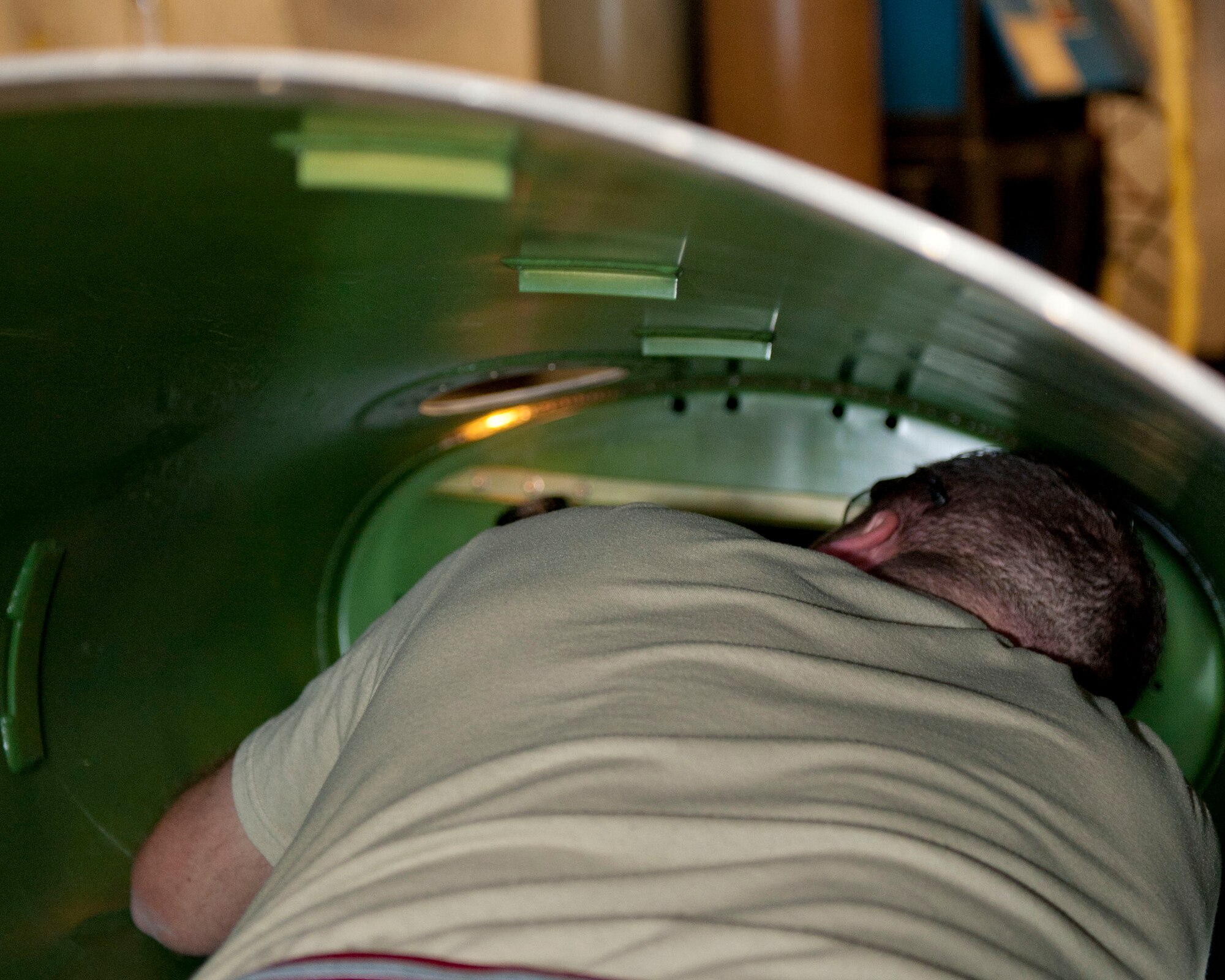 Staff Sgt. Frank Ruckel, 49th Maintenance Squadron Aircraft Metals Technology shift lead, inspects the welds on a 600-pound external fuel tank at Holloman Air Force Base, N.M. April 6, 2015. The external fuel tank is used on the F-16 Falcon to increase flight duration. (U.S. Air Force photo by Staff Sgt. E’Lysia A. Wray/Released)