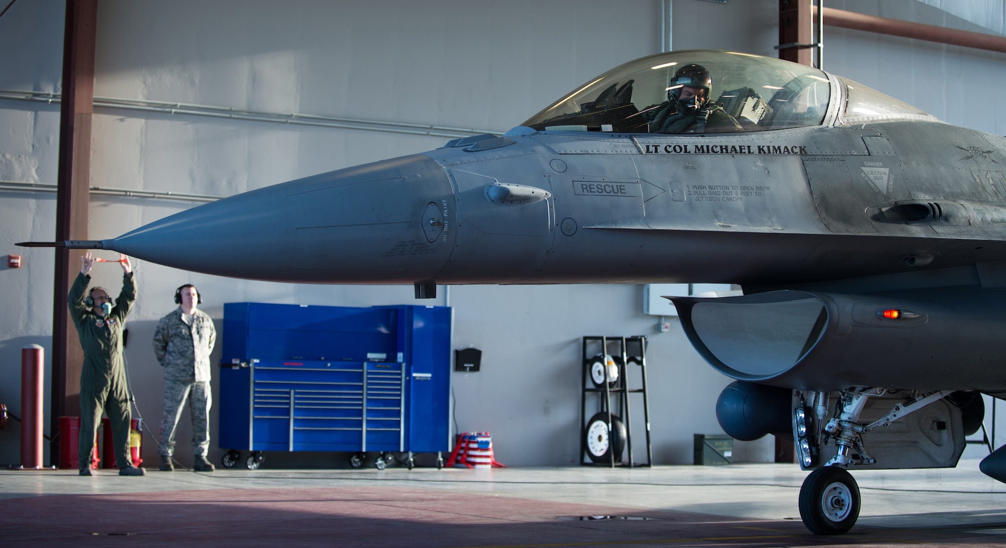 Lt. Col. Eric Haagenson, Washington, D.C., Air National Guard pilot, makes final checks inside an F-16 Fighting Falcon during a simulated alert mission at the 113th Fighter Wing’s Aerospace Control Alert Detachment, Joint Base Andrews, Md., March 30, 2015. Haagenson and the 113th ANG work together to ensure flight readiness 24 hours a day, 7 days a week. (U.S. Air Force photo/Airman 1st Class Philip Bryant)