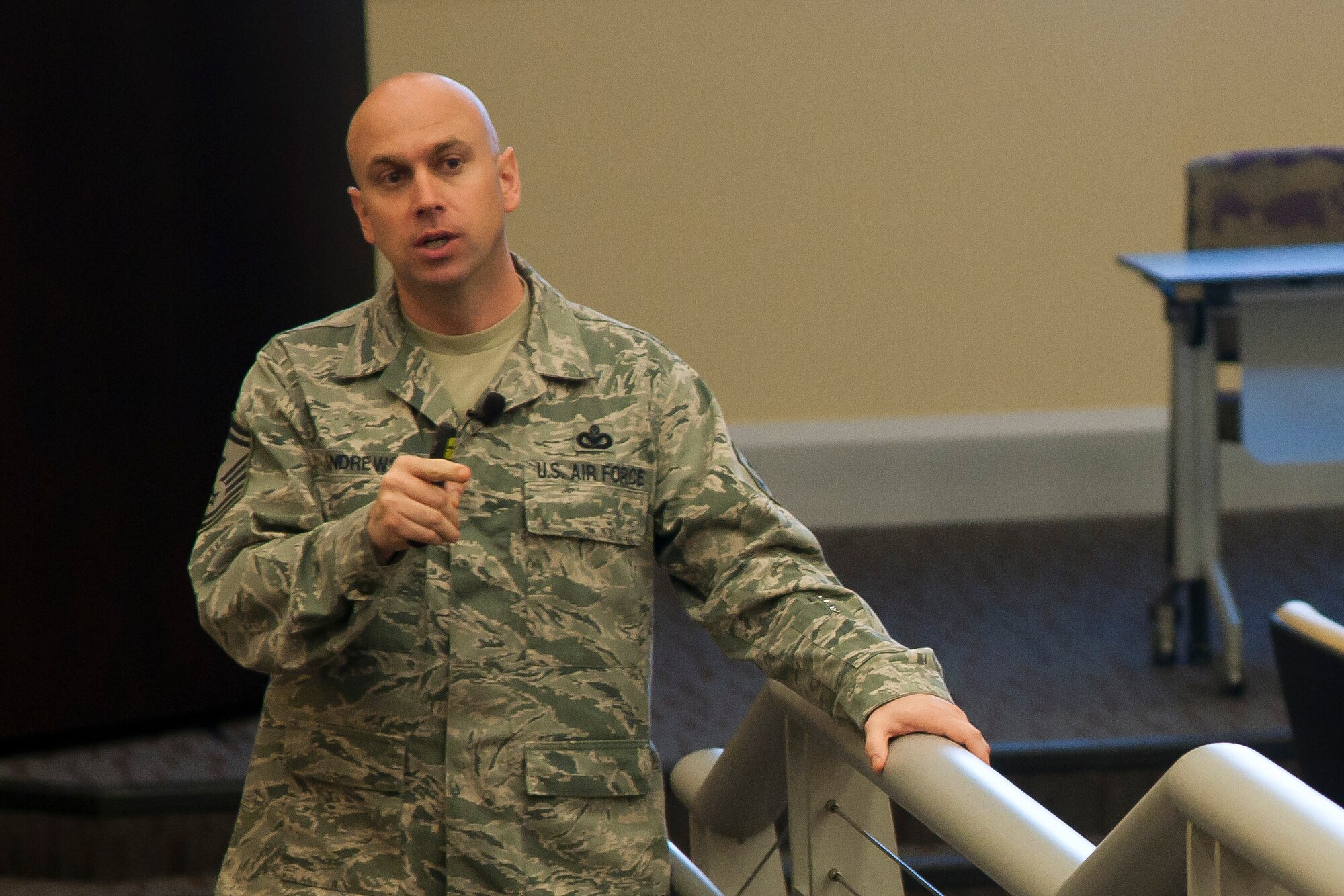 Senior Master Sgt. Shawn Andrews, 811th Force Support Squadron first sergeant, discusses apprehension and pretrial restraint at the Additional Duty First Sergeant Symposium at Joint Base Andrews, Md., April 7, 2015. The symposium covers a variety of subjects related to first sergeant responsibilities. (U.S. Air Force photo/ Airman 1st Class J.D. Maidens)