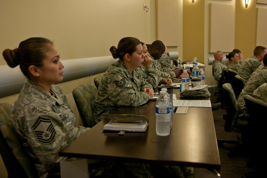 Non-commissioned officers listen to a presentation on apprehension and pretrial restraint during the Additional Duty First Sergeant Symposium at Joint Base Andrews, Md., April 7, 2015. The symposium covers a variety of subjects related to first sergeant responsibilities. (U.S. Air Force photo/ Airman 1st Class J.D. Maidens)