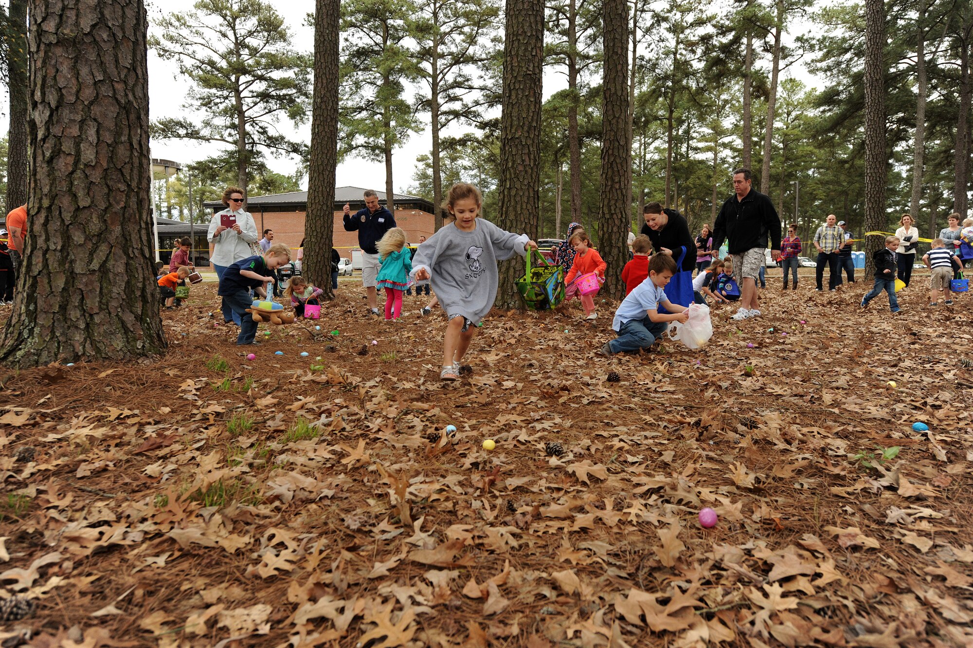 Members of Team Seymour search for eggs during the Month of the Military Child kickoff event April 4, 2015, at Seymour Johnson Air Force Base, North Carolina. The free event recognized military children and families, and the important role they play in ensuring mission success. (U.S. Air Force photo/Airman 1st Class Aaron J. Jenne)