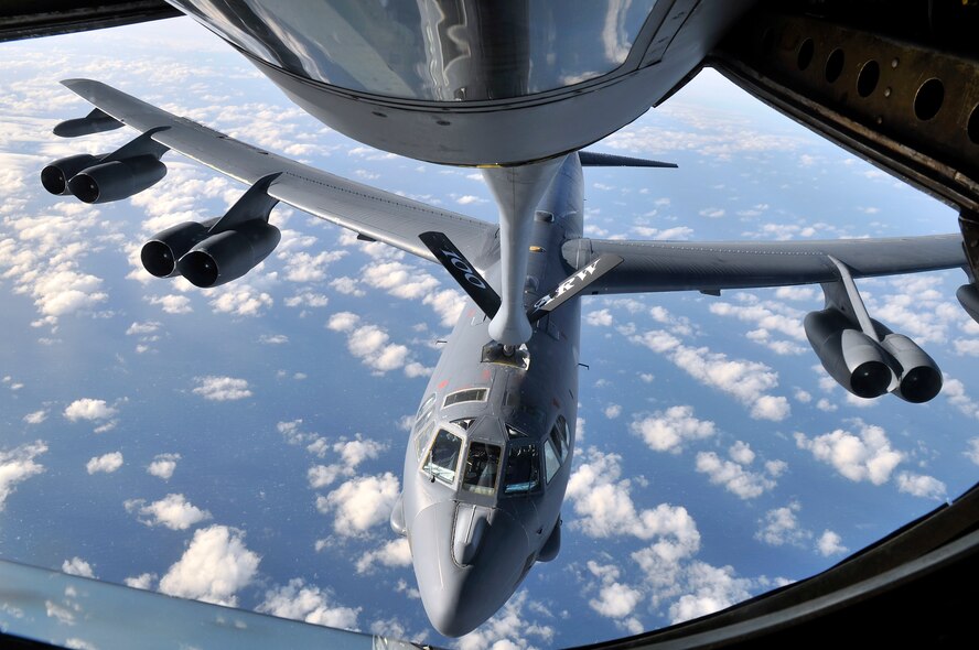 A U.S. Air Force B-52 Stratofortress from Barksdale Air Force Base, La., performes air refueling with a KC-135 Stratotanker from RAF Mildenhall, England, in support of Polar Growl April 2, 2015, over the United Kingdom. Polar Growl was closely coordinated with the United States’ allies to strengthen and improve interoperability while working toward mutual goals. (U.S. Air Force photo by Airman 1st Class Kyla Gifford/Released)