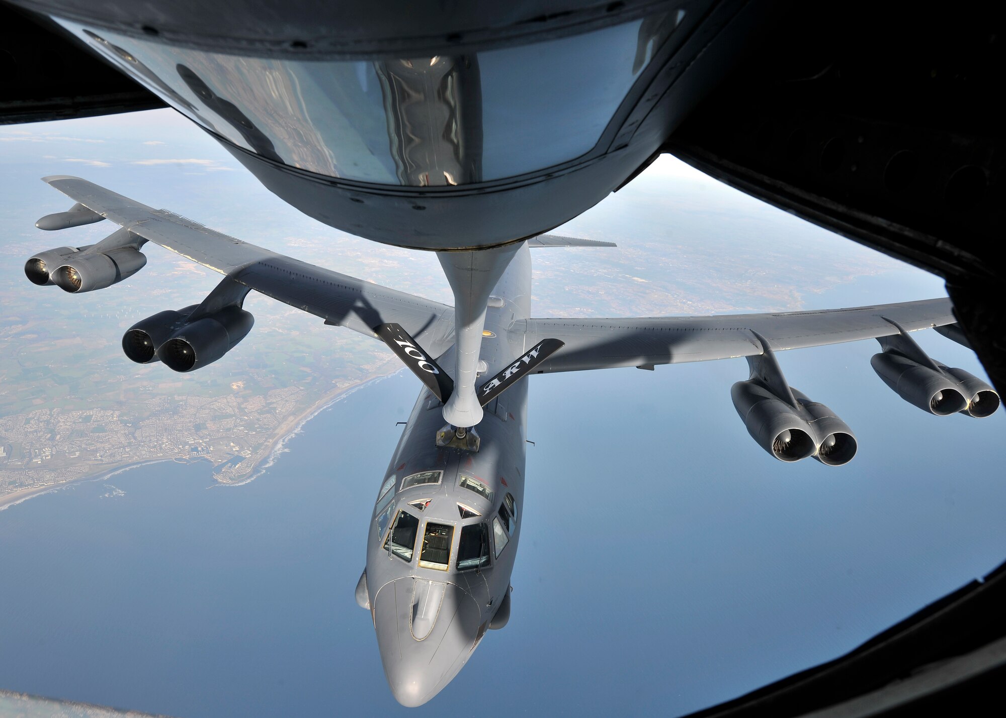 A U.S. Air Force B-52 Stratofortress from Barksdale Air Force Base, La., perfomes air refueling with a KC-135 Stratotanker from RAF Mildenhall, England, in support of Polar Growl April 2, 2015, over the United Kingdom. These bomber missions provide unique opportunities to integrate and train with the United States’ allies and partners in joint and coalition operations and exercises. (U.S. Air Force photo by Airman 1st Class Kyla Gifford/Released)