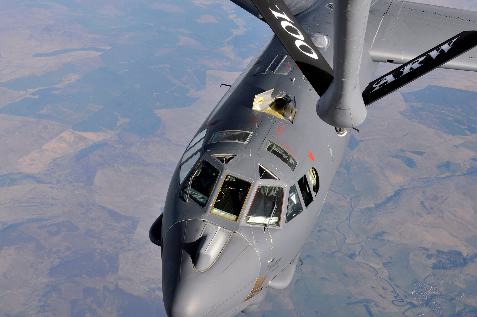 A U.S. Air Force B-52 Stratofortress from Barksdale Air Force Base, La., approaches a KC-135 Stratotanker from RAF Mildenhall, England, for refueling in support of Polar Growl April 2, 2015, over the United Kingdom. These missions support the nation’s ability to maintain a strong bomber force that enhances the security and sability of the United States' allies and partners. (U.S. Air Force photo by Airman 1st Class Kyla Gifford/Released)