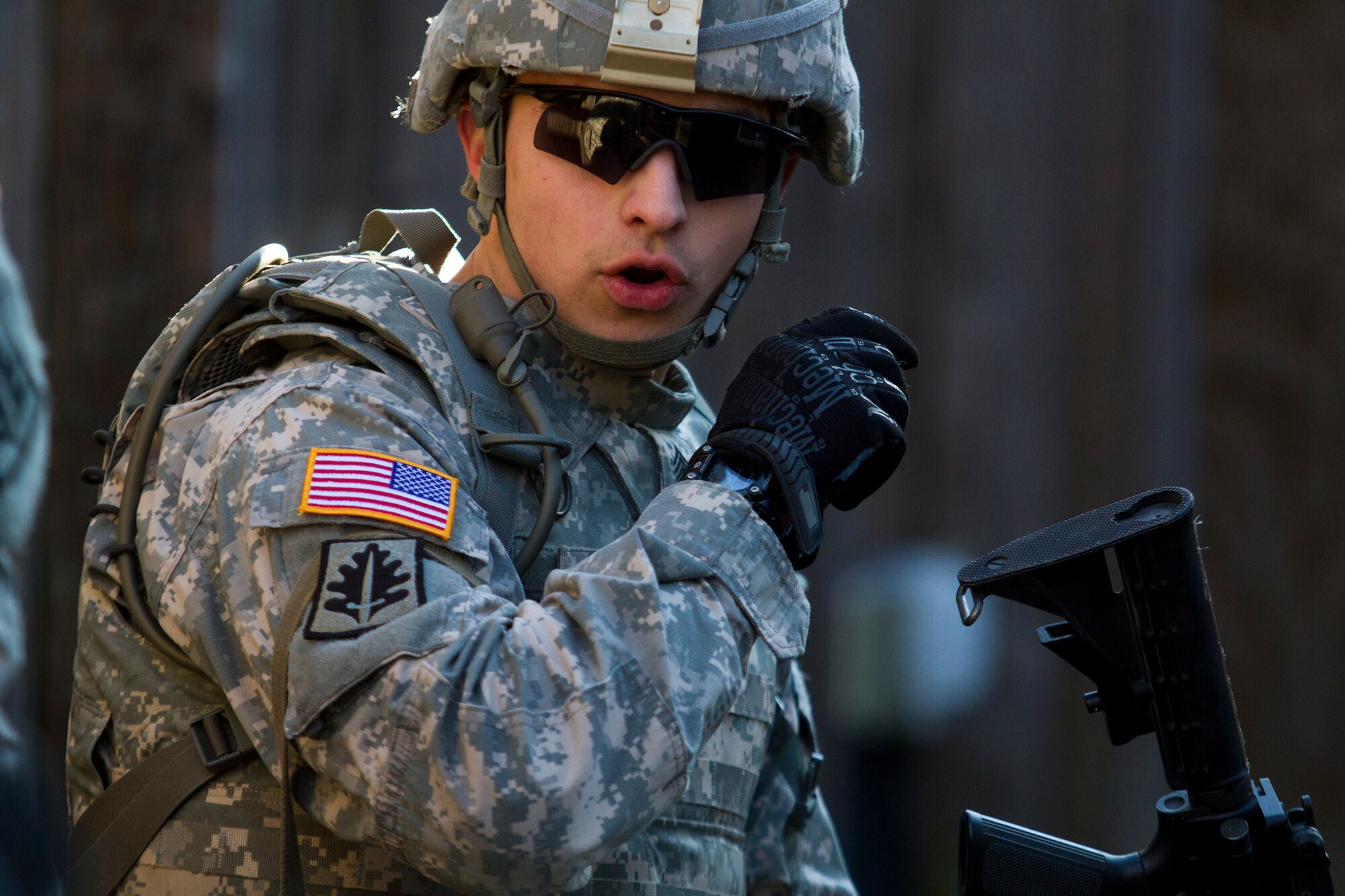 Army Reserve Sgt. Rob Caruso, from Atco, New Jersey, works his way through a scenario-based Army Warrior Task exercise during day two of the 200th Military Police Command???s Best Warrior Competition on April 2 at Joint Base McGuire-Dix-Lakehurst, N.J.. Eight warfighters are competing in the weeklong competition held March 31 ??? April 3 in a variety of physical and mental events to earn the top spot of Best Warrior for Soldier and noncommissioned officer of the year. Caruso is a Corrections Specialist assigned to 367th Military Police Company. The winners will compete at the Army Reserve Best Warrior Competition held in May. The 200th MPCOM is the largest Department of Defense law enforcement organization with nearly 14,000 Soldiers living in 44 states. (Army Reserve photo by Sgt. 1st Class Mark Bell/released)