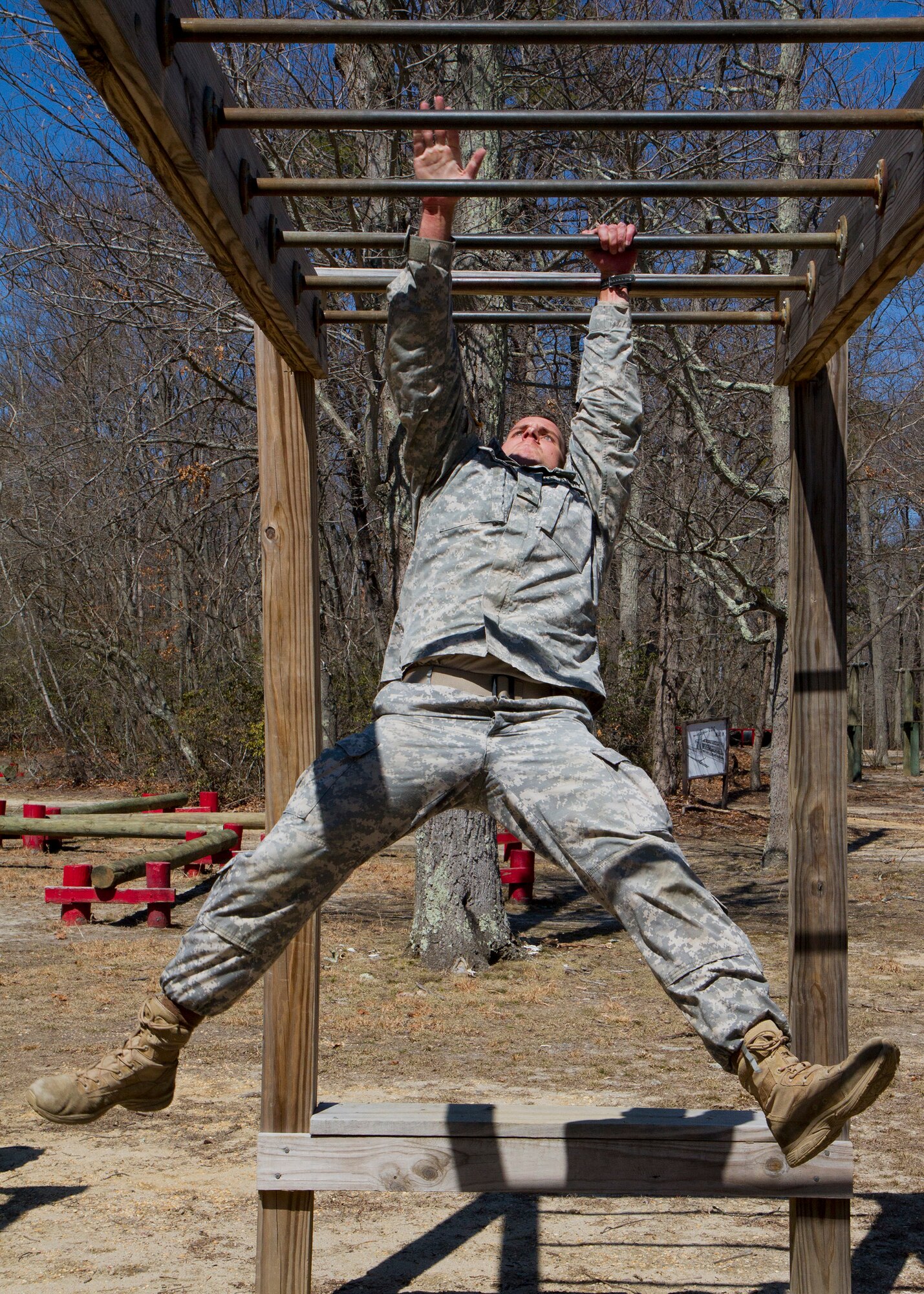 Army Reserve Sgt. Michael Farwig, 24, from Plantation, Fla., completes an obstacle course event during day two of the 200th Military Police Command???s Best Warrior Competition on April 1 at Joint Base McGuire-Dix-Lakehurst, N.J. Eight warfighters are competing in the weeklong competition held March 31 ??? April 3 in a variety of physical and mental events to earn the top spot of Best Warrior for Soldier and noncommissioned officer of the year. Farwig is a Military Police Soldier assigned to the 810th Military Police Company. The winners will compete at the Army Reserve Best Warrior Competition held in May. The 200th MPCOM is the largest Department of Defense law enforcement organization, with nearly 14,000 Soldiers living in 44 states. (Army Reserve photo by Sgt. 1st Class Mark Bell/released)
