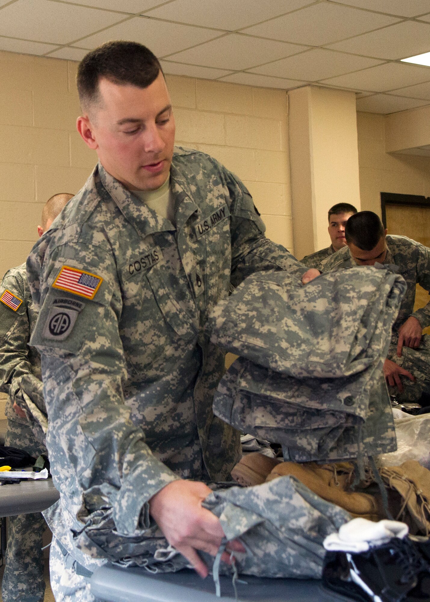 Staff Sgt. Jacob Costas, 28, a Military Police Soldier, inventories his equipment during day one of the 200th Military Police Command???s Best Warrior Competition on March 31 at Joint Base McGuire-Dix0Lakehurst, N.J. Eight warfighters are competing in the week-long competition held March 31 ??? April 3 in a variety of physical and mental events to earn the top spot of Best Warrior for Soldier and noncommissioned officer of the year. Costas is assigned to the 339th MP Company and from DeWitt, Iowa. The winners will compete at the Army Reserve Best Warrior Competition held in May. The 200th MPCOM is the largest Department of Defense law enforcement organization, with nearly 14,000 Soldiers living in 44 states. (Army Reserve photo by Sgt. 1st Class Mark Bell/released)