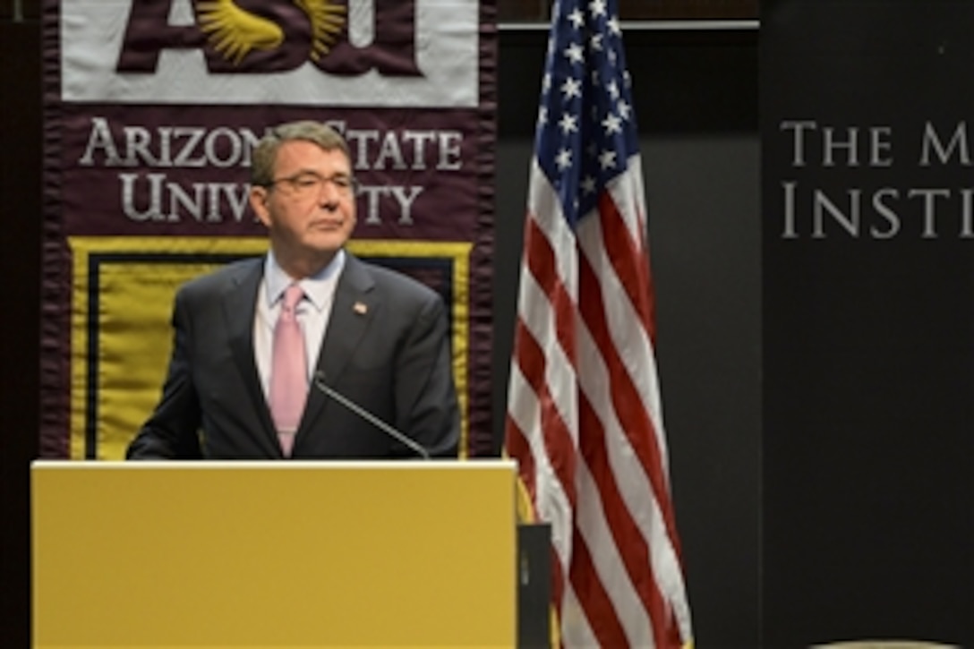 Defense Secretary Ash Carter speaks to service members and students at the McCain Institute at Arizona State University in Tempe, Ariz. April 6, 2015.  