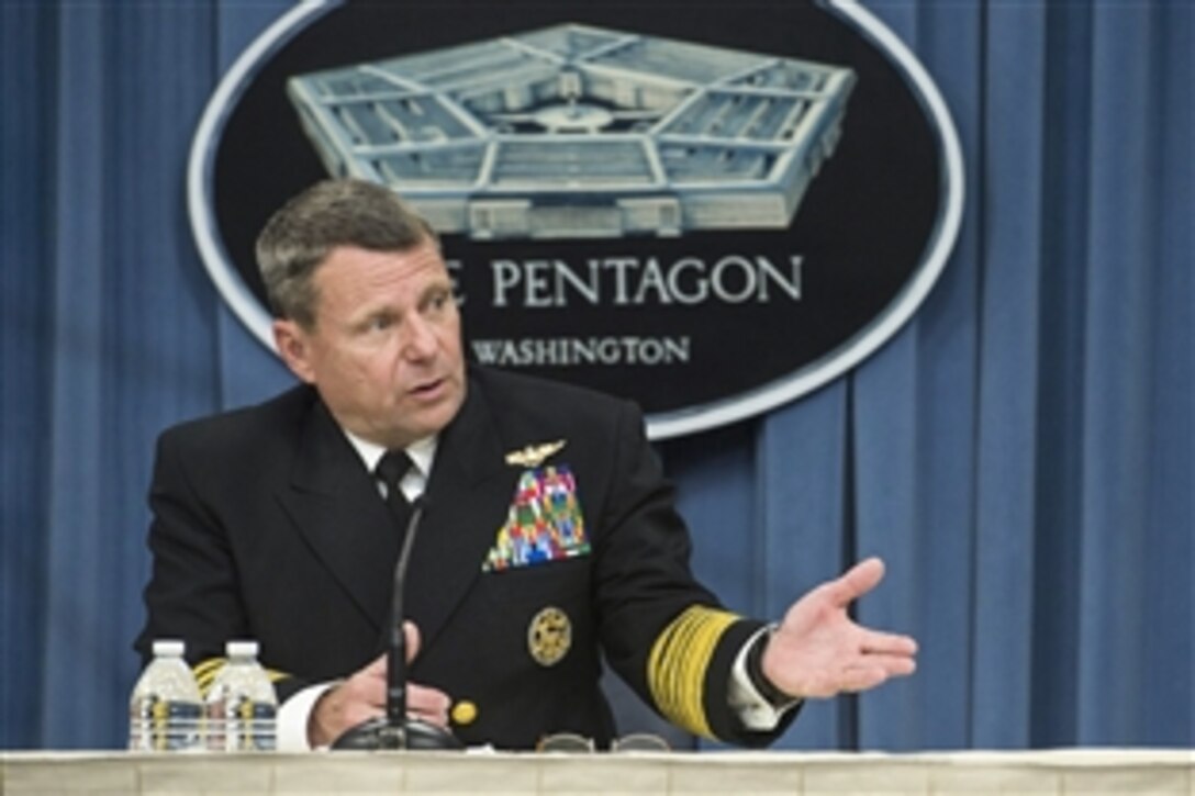 Navy Adm. William E. Gortney, commander of U.S. Northern Command, discusses the state of the command during a briefing at the Pentagon, April 7, 2015. 