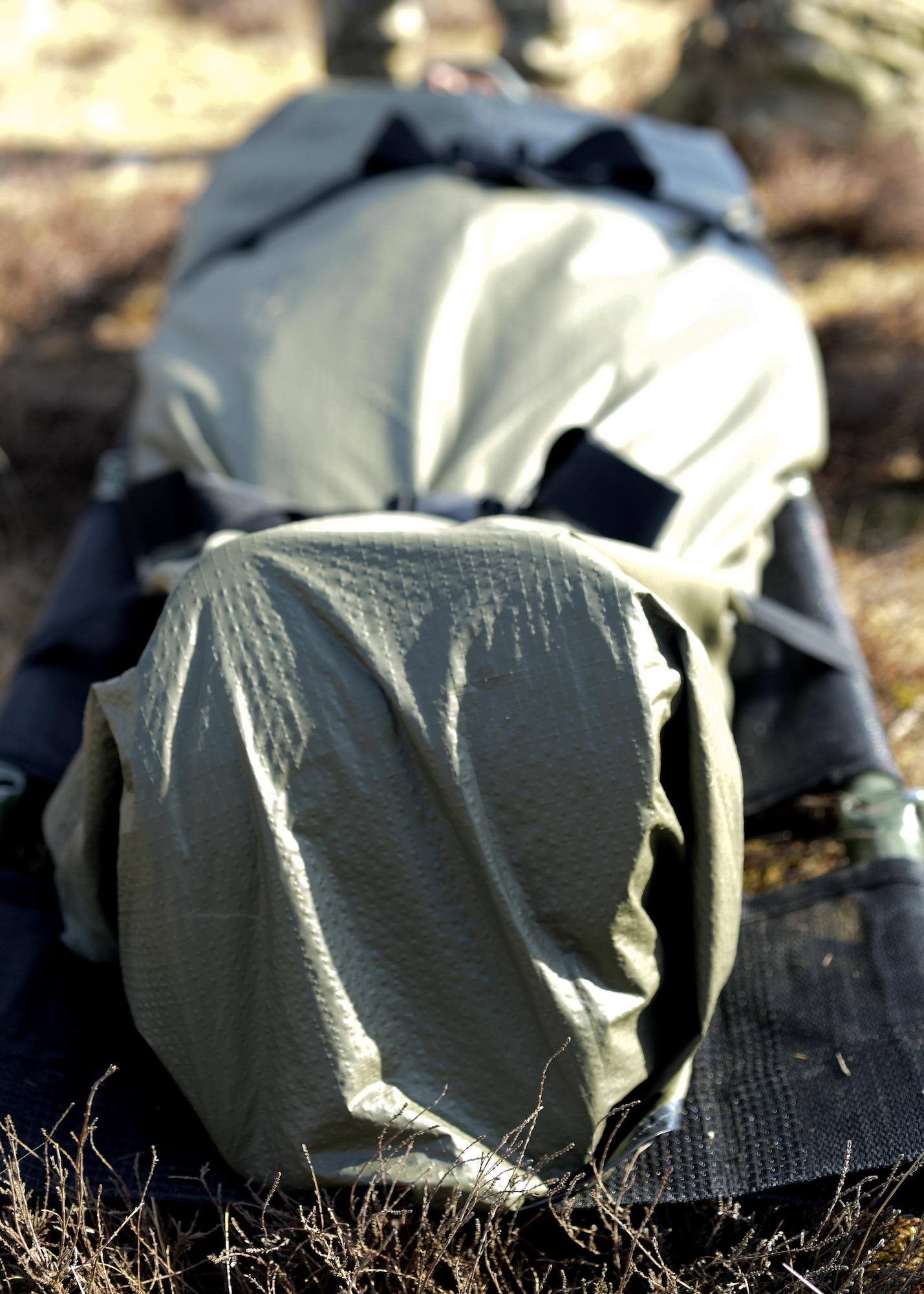 A simulated victim lays strapped to a Talon litter during an exercise March 25, 2015, at STANTA Range near Thetford, England. The exercise provided members of the 352nd Special Operations Support Squadron Deployed Aircraft Ground Response Element hands-on training during day and night operations. (U.S. Air Force photo by Senior Airman Victoria H. Taylor)