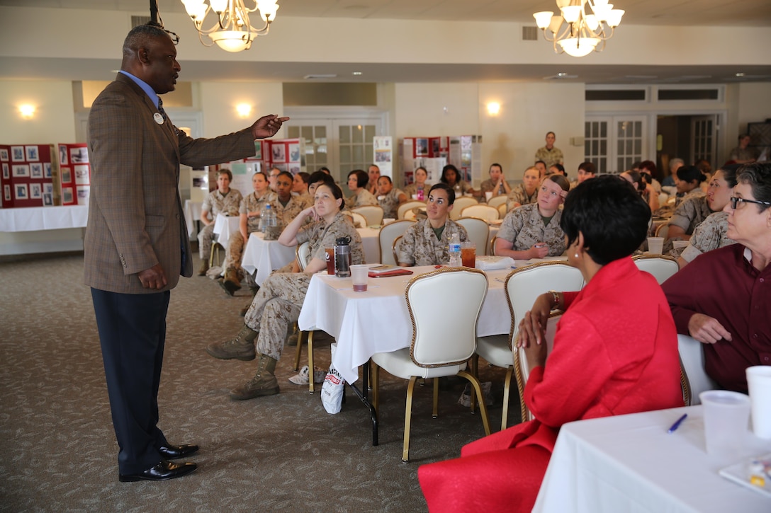 More than 100 Marines from across II Marine Expeditionary Force gathered for the fourth annual Vivian A. Holmes Female Marine Symposium at Marine Corps Air Station New River, N.C., March 26, 2015. Female Marines received informational classes, participated in guided discussions and attended an education-station fair to learn about issues directly related to female Marines and their families. 
