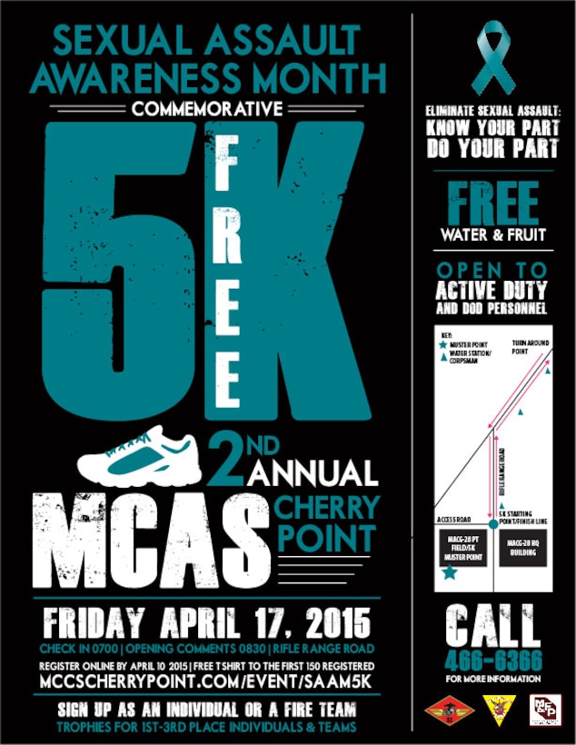 Marine Corps Community Services is sponsoring a 5K, April 17, to help raise awareness about sexual assault and encourage members of the Cherry Point community to help prevent it, and understand how to respond appropriately when sexual assaults occur.