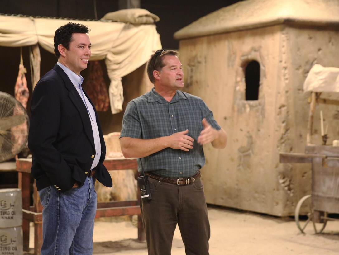 Congressman Jason Chaffetz, Chairman of the House Oversight Government and Reform Committee, was escorted by members of MCIWEST MCB-CAMPEN Government and External Affairs on a tour of training facilities and tenant commands aboard Camp Pendleton, April 6. The day concluded with a tour of the Infantry Immersion Trainer, a hands-on, mixed reality training facility that simulates the sights, smells, sounds and feel of village, in designated locations. The purpose of the facility is to provide a realistic environment in which to train Marines for deployment.