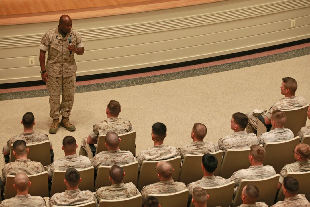 Sgt. Maj. Ronald L. Green, the 18th Sergeant Major of the Marine Corps, addresses Marines assigned to Marine Corps Base Quantico at the Little Hall Theater in Quantico, Va., April 11, 2015. (U.S. Marine Corps photo by Sgt. Marionne T. Mangrum) 